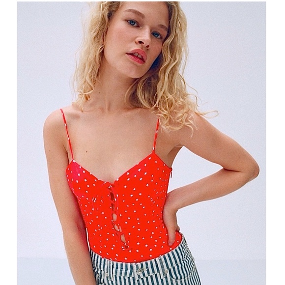 NWT ZARA Bodysuit Lace Up Satin Effect Red & White Stars Sleeveless High Cut S - Picture 3 of 11